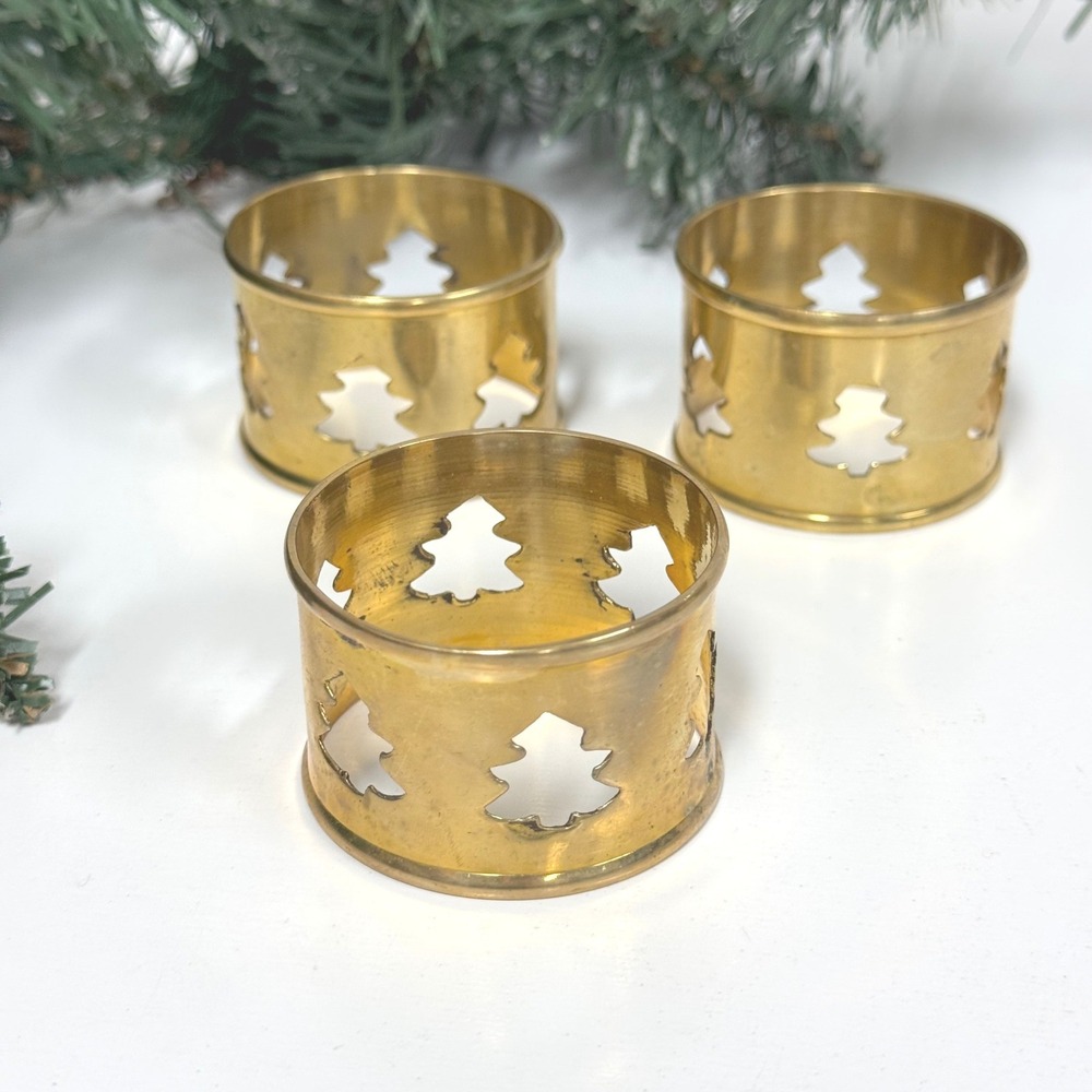 Vintage Brass Christmas Tree Cutout Napkin Rings Set of 3 Holiday Table Decor